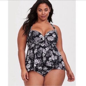 Torrid black and grey floral rose retro two piece swimsuit